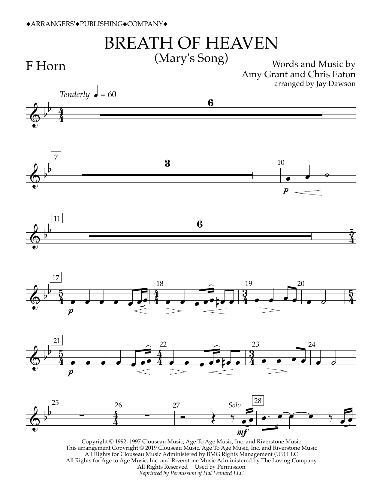 Download Amy Grant Breath of Heaven (Mary's Song) (arr. Jay Dawson) - F Horn Sheet Music and learn how to play Concert Band PDF digital score in minutes