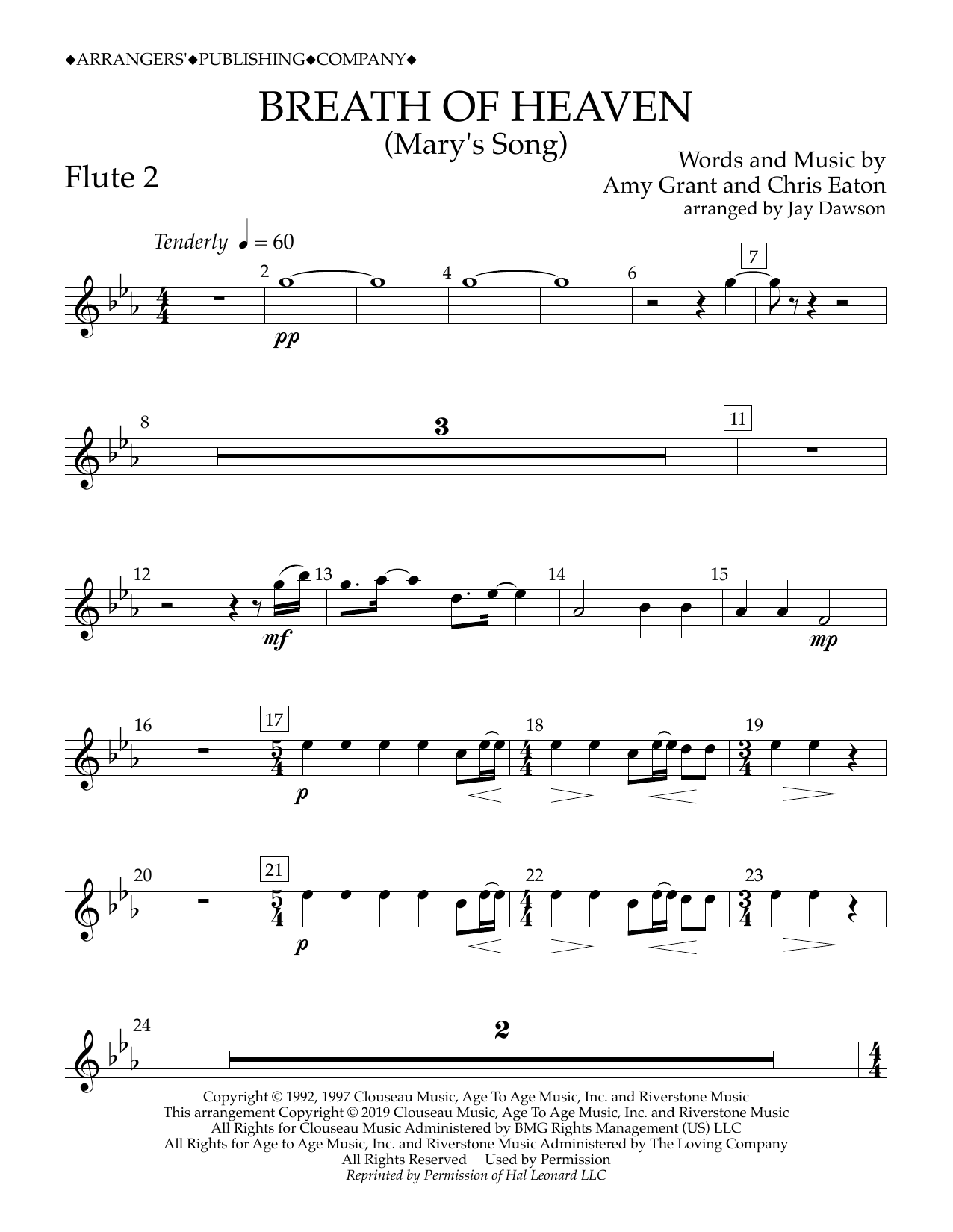 Download Amy Grant Breath of Heaven (Mary's Song) (arr. Jay Dawson) - Flute 2 Sheet Music and learn how to play Concert Band PDF digital score in minutes
