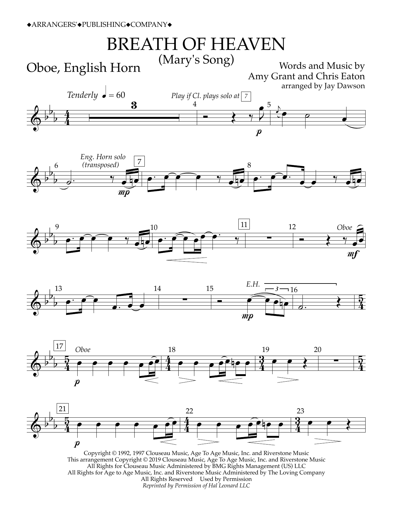 Download Amy Grant Breath of Heaven (Mary's Song) (arr. Jay Dawson) - Oboe, English Horn Sheet Music and learn how to play Concert Band PDF digital score in minutes