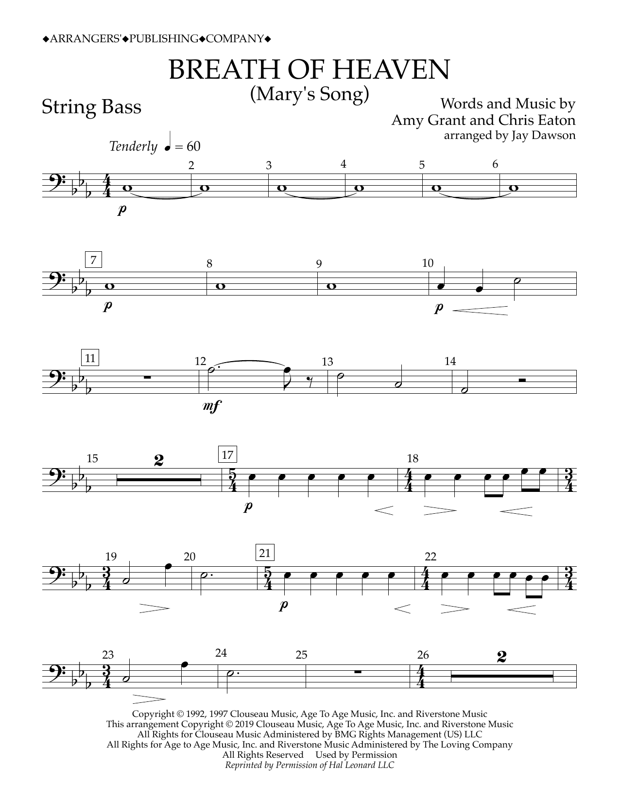 Download Amy Grant Breath of Heaven (Mary's Song) (arr. Jay Dawson) - String Bass Sheet Music and learn how to play Concert Band PDF digital score in minutes