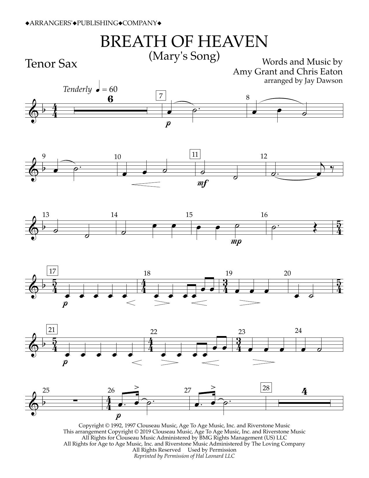 Download Amy Grant Breath of Heaven (Mary's Song) (arr. Jay Dawson) - Tenor Sax Sheet Music and learn how to play Concert Band PDF digital score in minutes