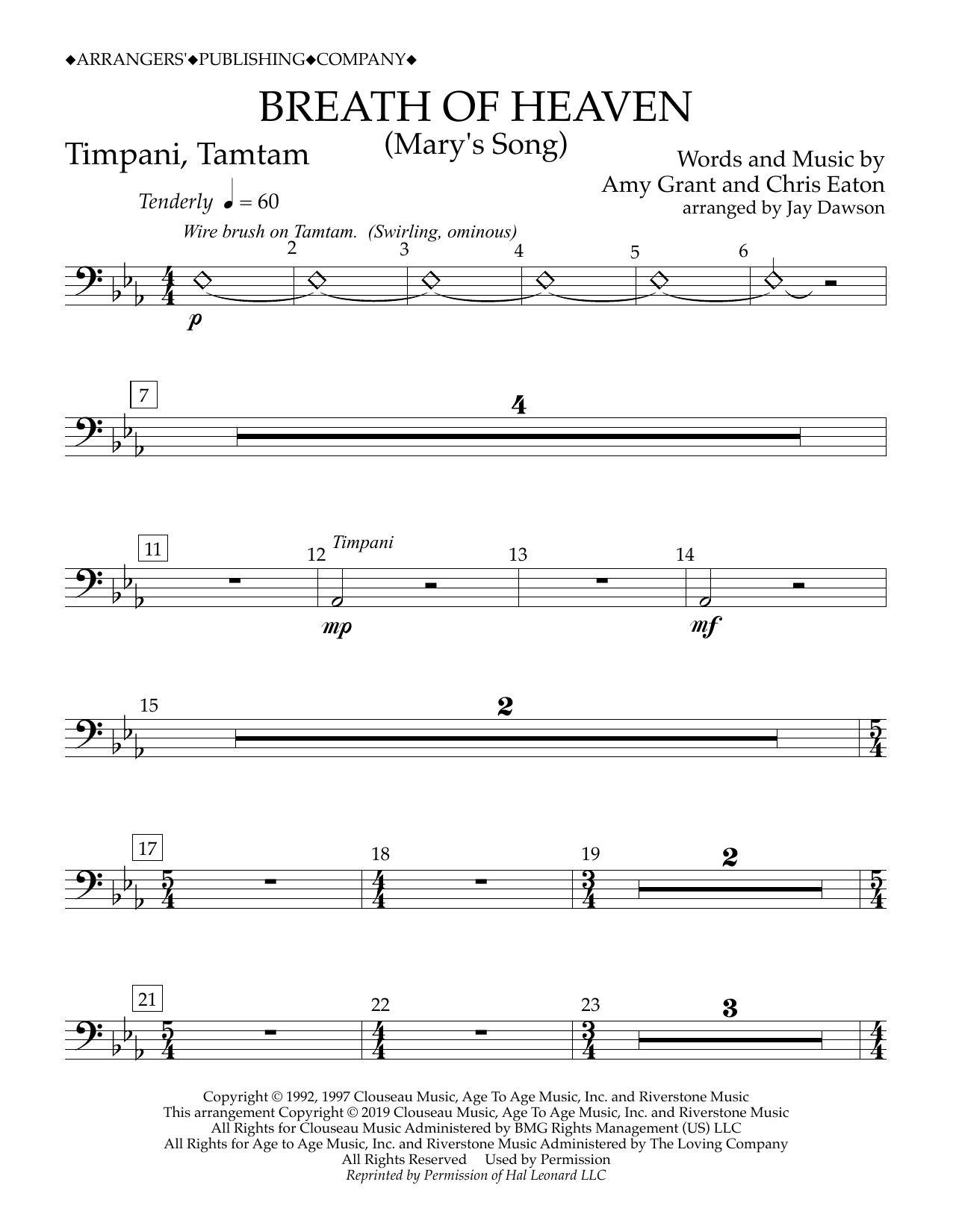 Download Amy Grant Breath of Heaven (Mary's Song) (arr. Jay Dawson) - Timpani, Tamtam Sheet Music and learn how to play Concert Band PDF digital score in minutes