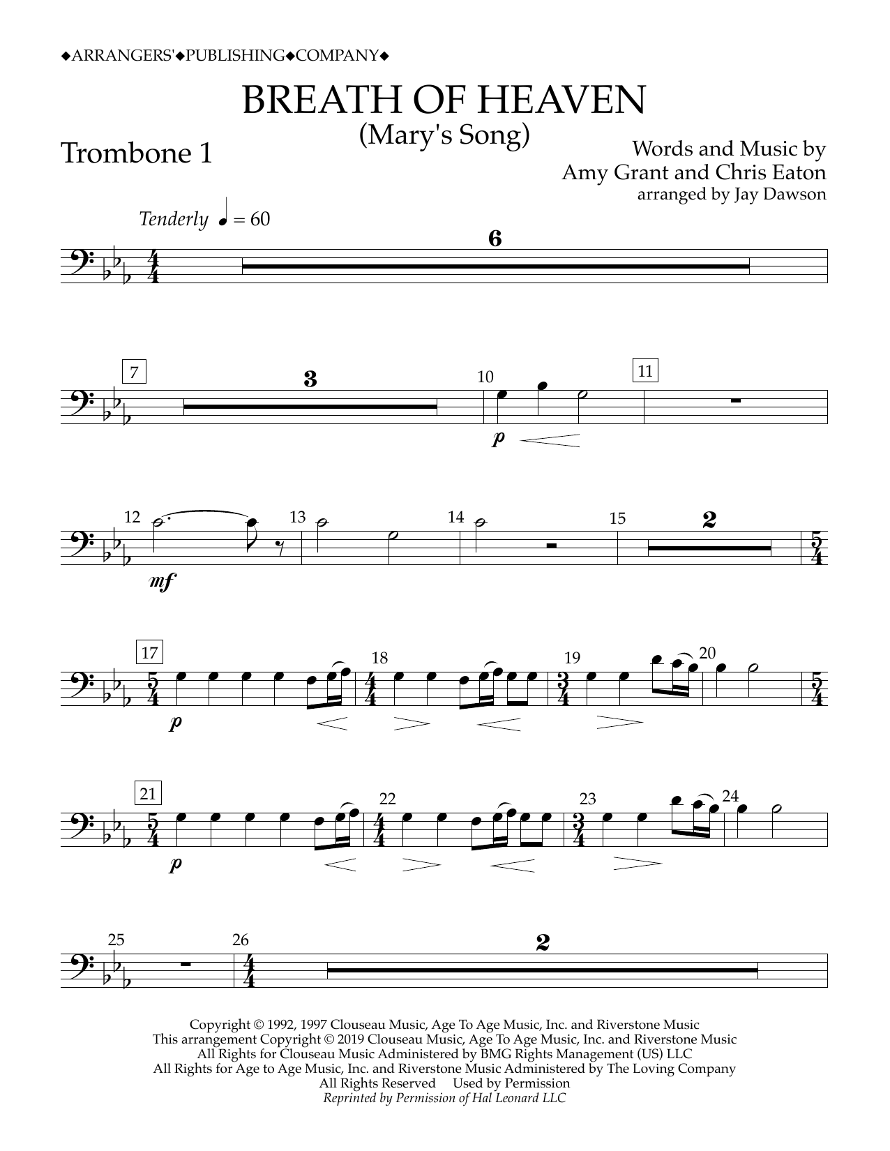 Download Amy Grant Breath of Heaven (Mary's Song) (arr. Jay Dawson) - Trombone 1 Sheet Music and learn how to play Concert Band PDF digital score in minutes