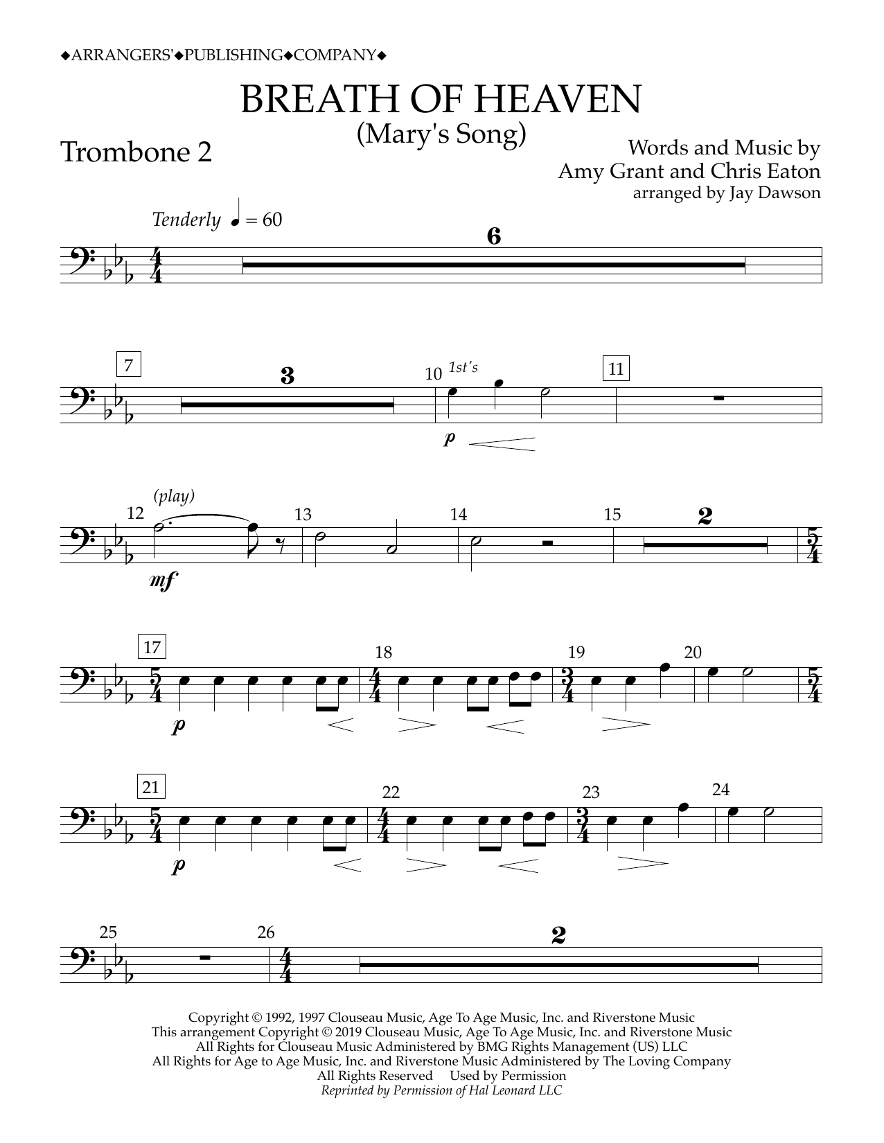 Download Amy Grant Breath of Heaven (Mary's Song) (arr. Jay Dawson) - Trombone 2 Sheet Music and learn how to play Concert Band PDF digital score in minutes