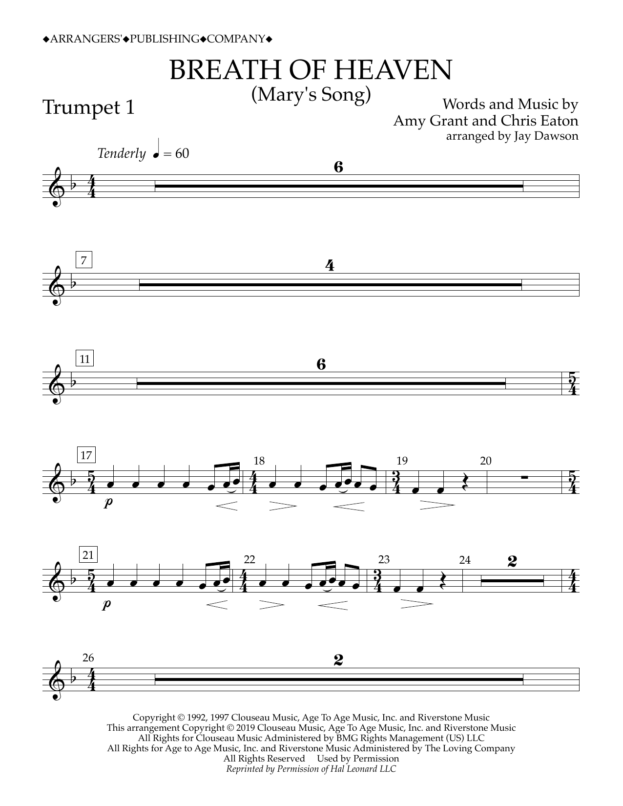Download Amy Grant Breath of Heaven (Mary's Song) (arr. Jay Dawson) - Trumpet 1 Sheet Music and learn how to play Concert Band PDF digital score in minutes