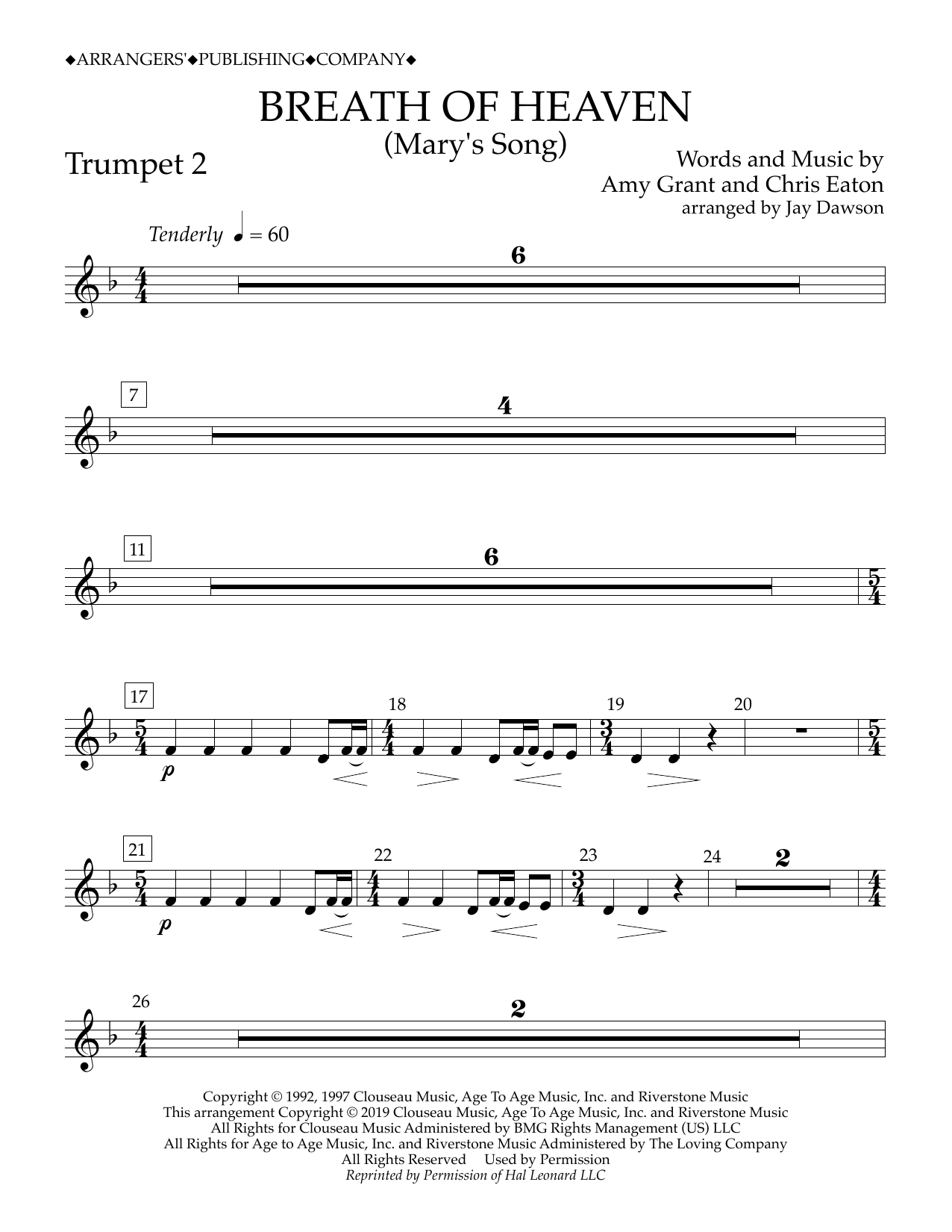 Download Amy Grant Breath of Heaven (Mary's Song) (arr. Jay Dawson) - Trumpet 2 Sheet Music and learn how to play Concert Band PDF digital score in minutes