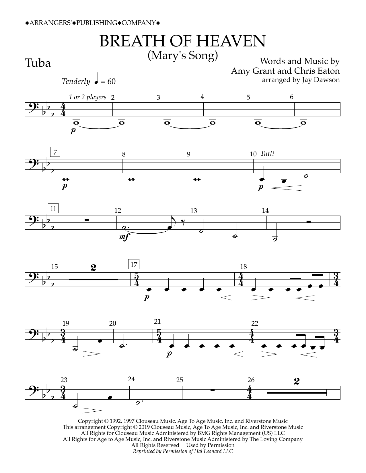 Download Amy Grant Breath of Heaven (Mary's Song) (arr. Jay Dawson) - Tuba Sheet Music and learn how to play Concert Band PDF digital score in minutes