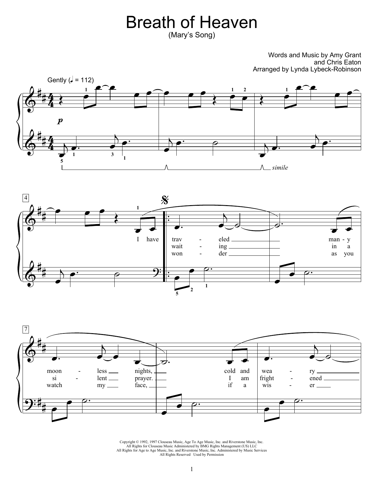 Download Amy Grant Breath Of Heaven (Mary's Song) (arr. Lynda Lybeck-Robinson) Sheet Music and learn how to play Educational Piano PDF digital score in minutes