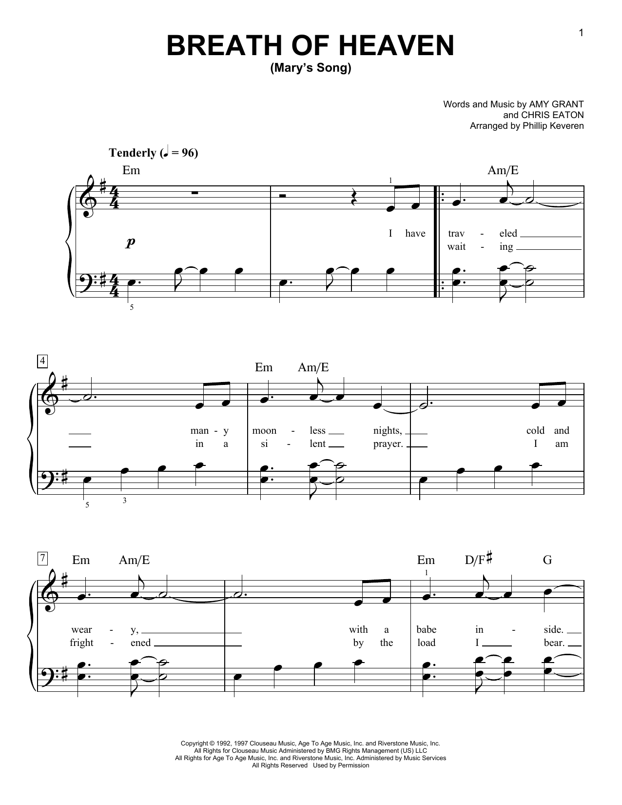 Download Amy Grant Breath Of Heaven (Mary's Song) (arr. Phillip Keveren) Sheet Music and learn how to play Easy Piano PDF digital score in minutes