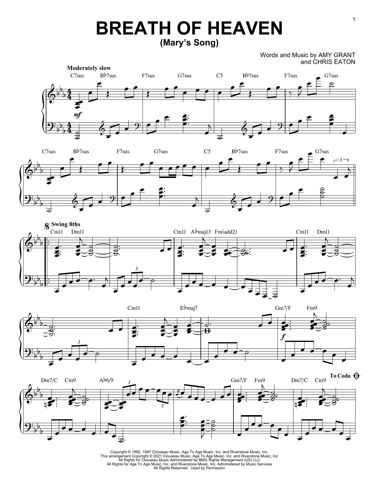 Download Amy Grant Breath Of Heaven (Mary's Song) [Jazz version] (arr. Brent Edstrom) Sheet Music and learn how to play Piano Solo PDF digital score in minutes