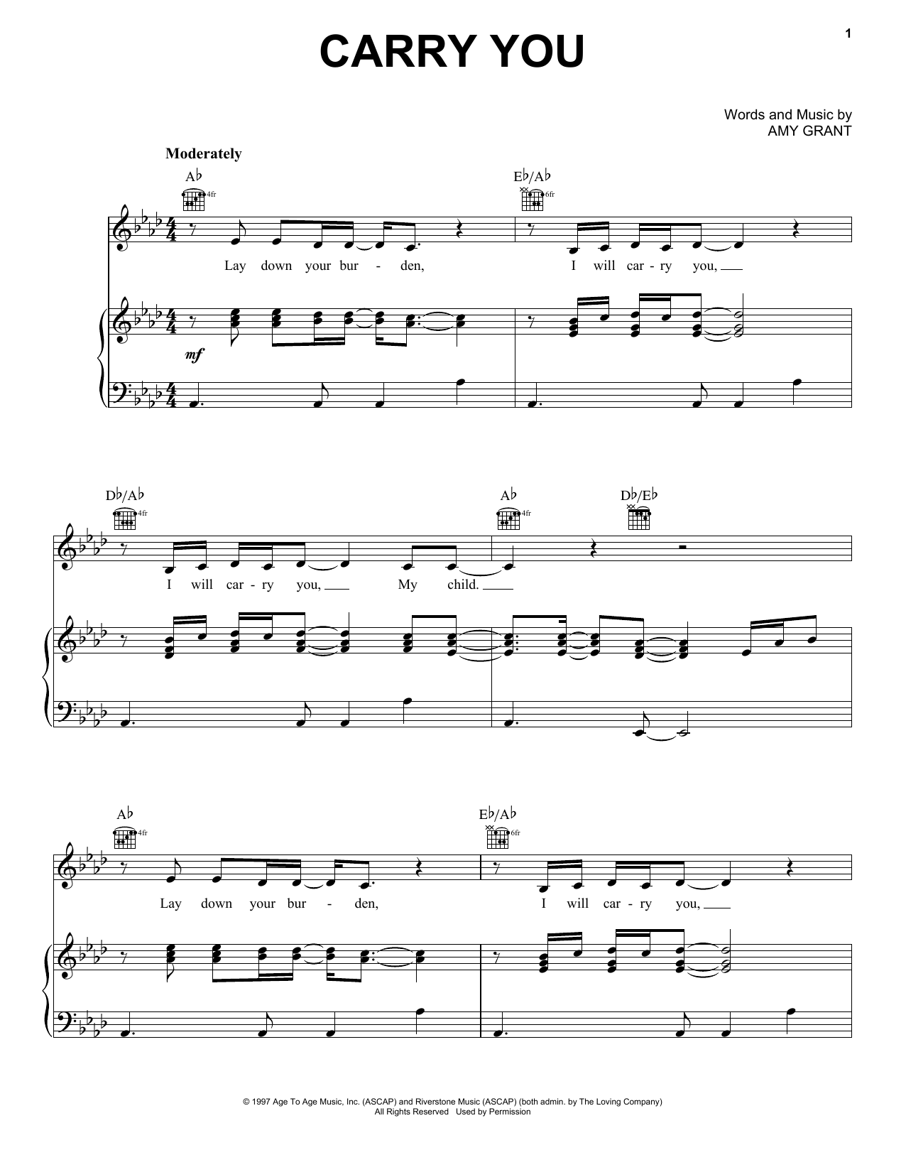 Download Amy Grant Carry You Sheet Music and learn how to play Piano, Vocal & Guitar Chords (Right-Hand Melody) PDF digital score in minutes