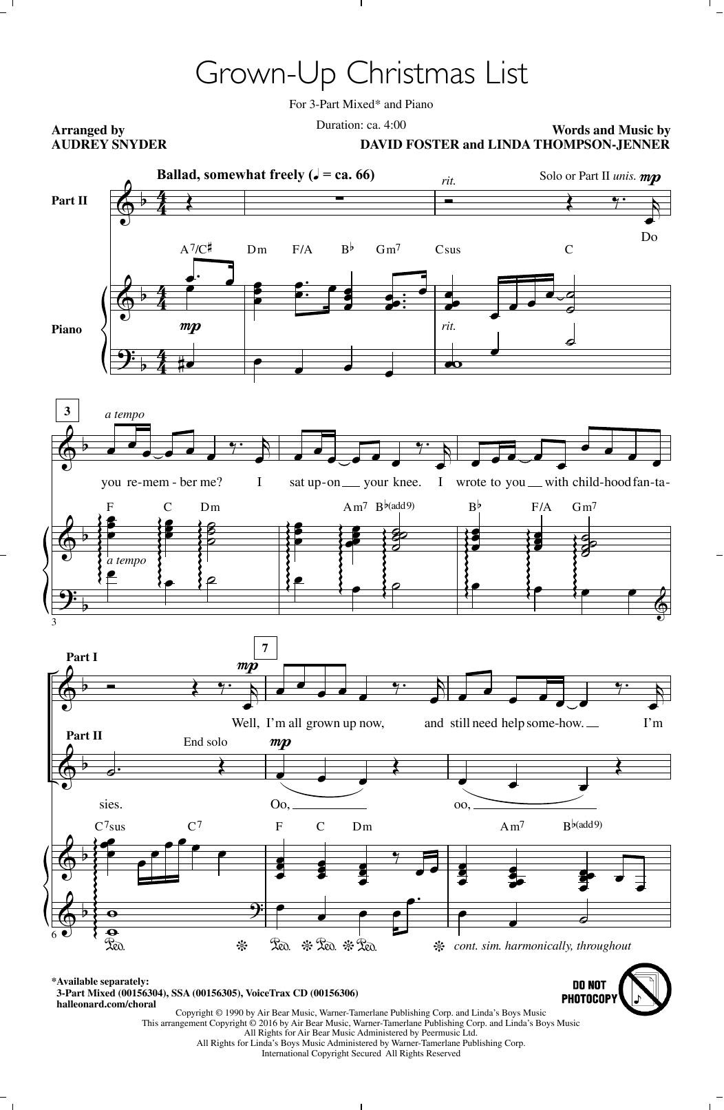 Download Audrey Snyder Grown-Up Christmas List Sheet Music and learn how to play 3-Part Mixed PDF digital score in minutes