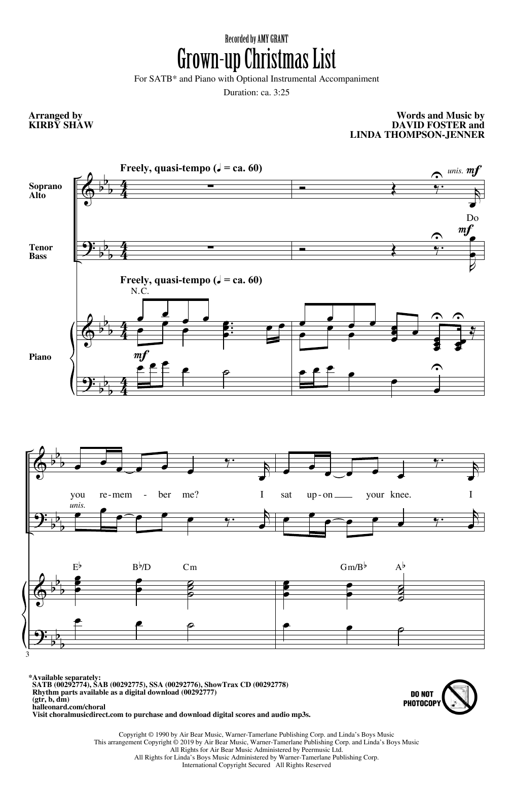 Download Amy Grant Grown-Up Christmas List (arr. Kirby Shaw) Sheet Music and learn how to play SSA Choir PDF digital score in minutes