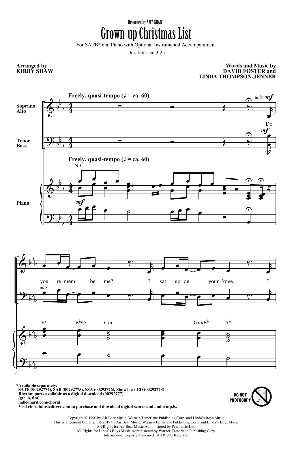 Download Amy Grant Grown-Up Christmas List (arr. Kirby Shaw) Sheet Music and learn how to play SATB Choir PDF digital score in minutes