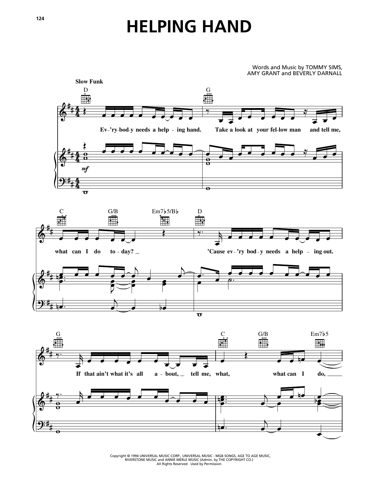 Download Amy Grant Helping Hand Sheet Music and learn how to play Piano, Vocal & Guitar Chords (Right-Hand Melody) PDF digital score in minutes
