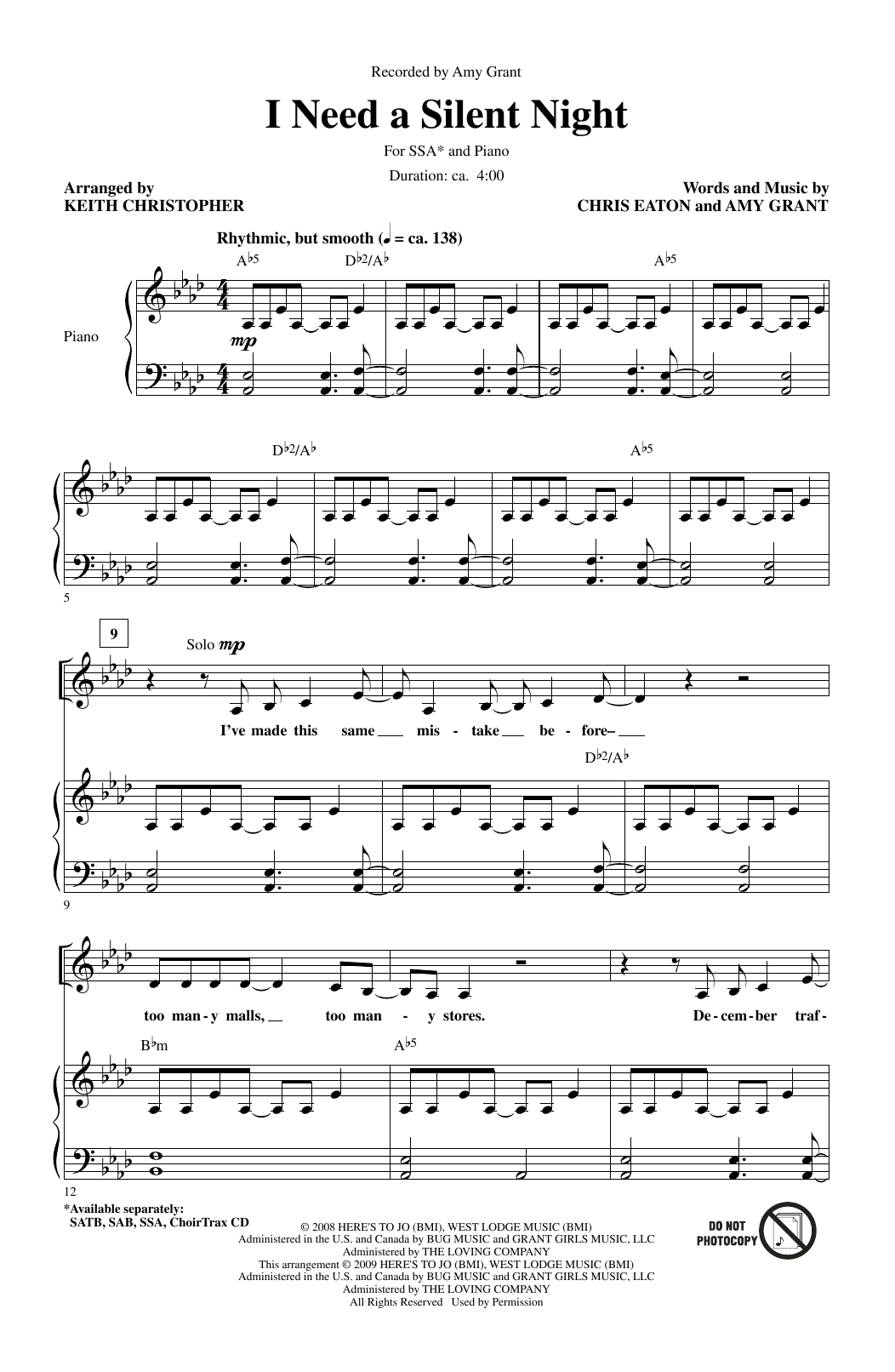 Download Amy Grant I Need A Silent Night (arr. Keith Christopher) Sheet Music and learn how to play SSA Choir PDF digital score in minutes