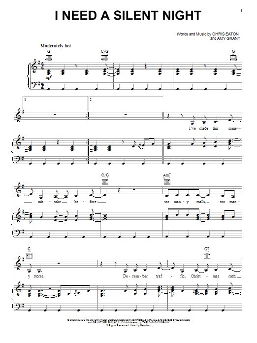 Download Amy Grant I Need A Silent Night Sheet Music and learn how to play Piano, Vocal & Guitar (Right-Hand Melody) PDF digital score in minutes