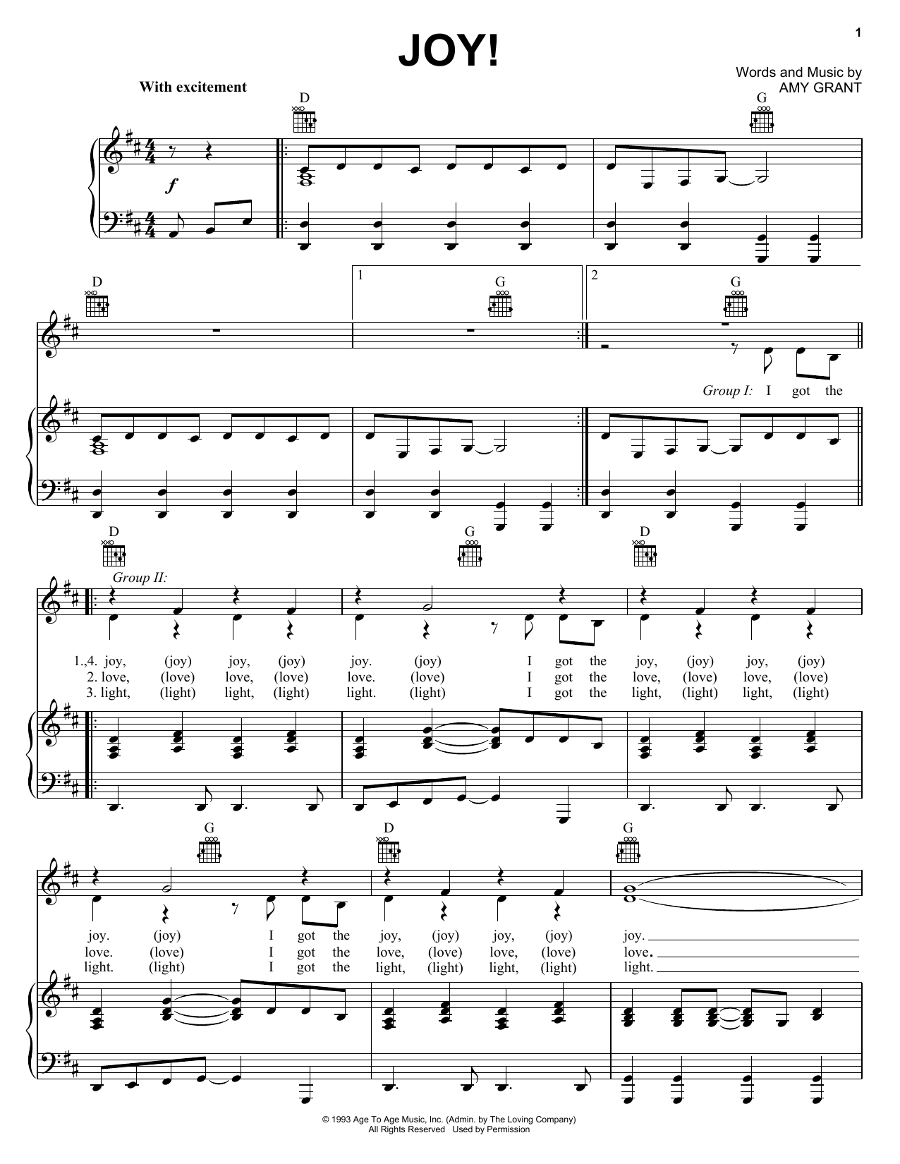 Download Amy Grant Joy! Sheet Music and learn how to play Piano, Vocal & Guitar Chords (Right-Hand Melody) PDF digital score in minutes