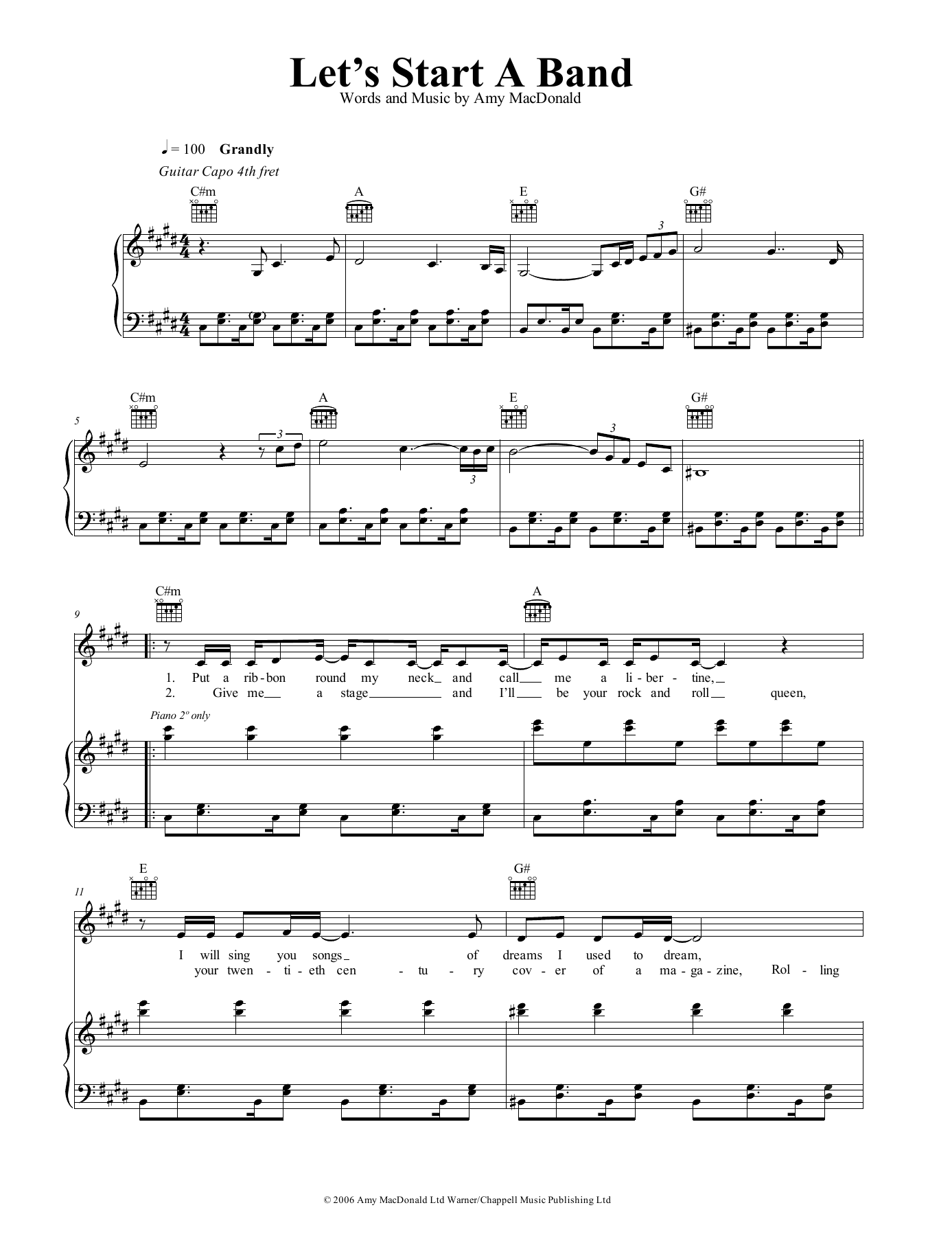 Download Amy MacDonald Let's Start A Band Sheet Music and learn how to play Piano, Vocal & Guitar (Right-Hand Melody) PDF digital score in minutes