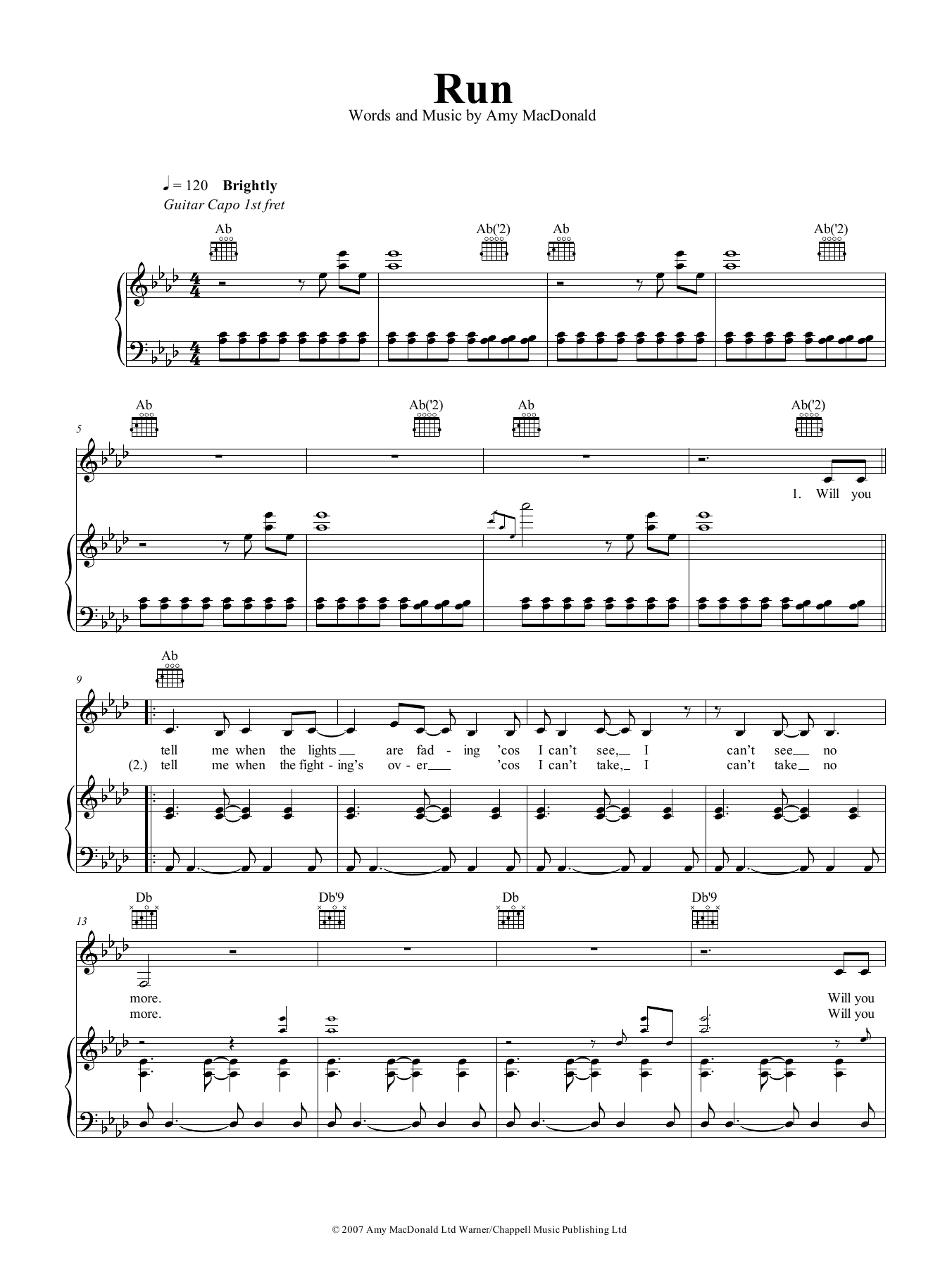 Download Amy MacDonald Run Sheet Music and learn how to play Piano, Vocal & Guitar (Right-Hand Melody) PDF digital score in minutes