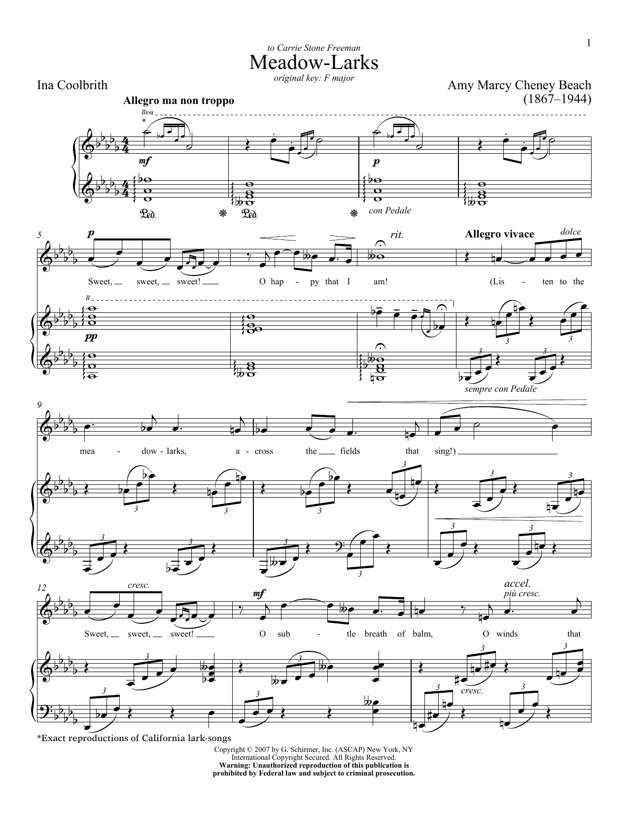 Download Amy Beach Meadow-Larks Sheet Music and learn how to play Piano & Vocal PDF digital score in minutes