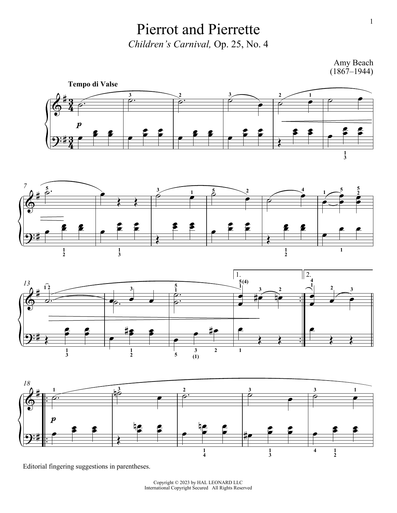 Download Amy Marcy Beach Pierrot and Pierrette Sheet Music and learn how to play Piano Solo PDF digital score in minutes