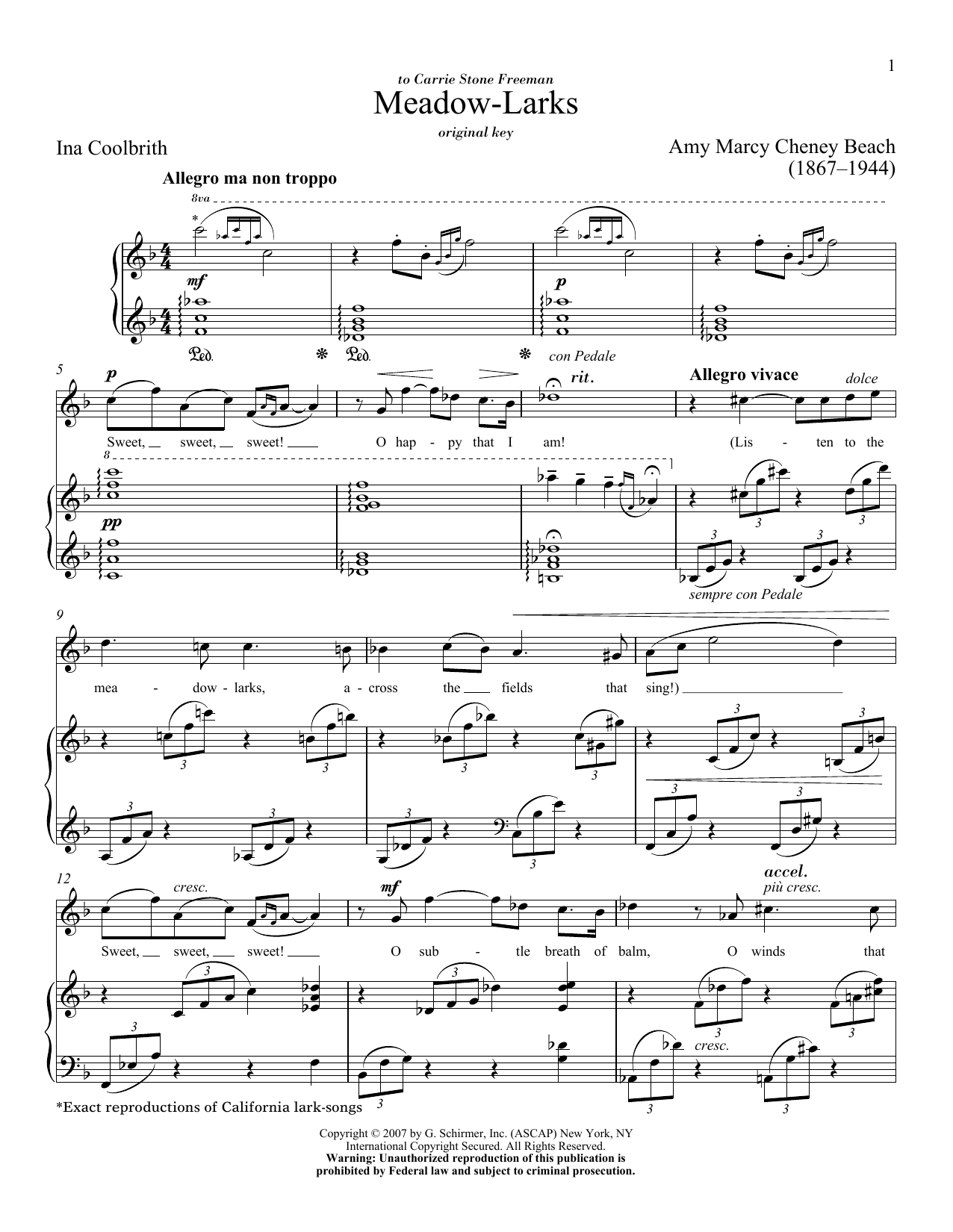 Download Amy Beach Meadow-Larks Sheet Music and learn how to play Piano & Vocal PDF digital score in minutes
