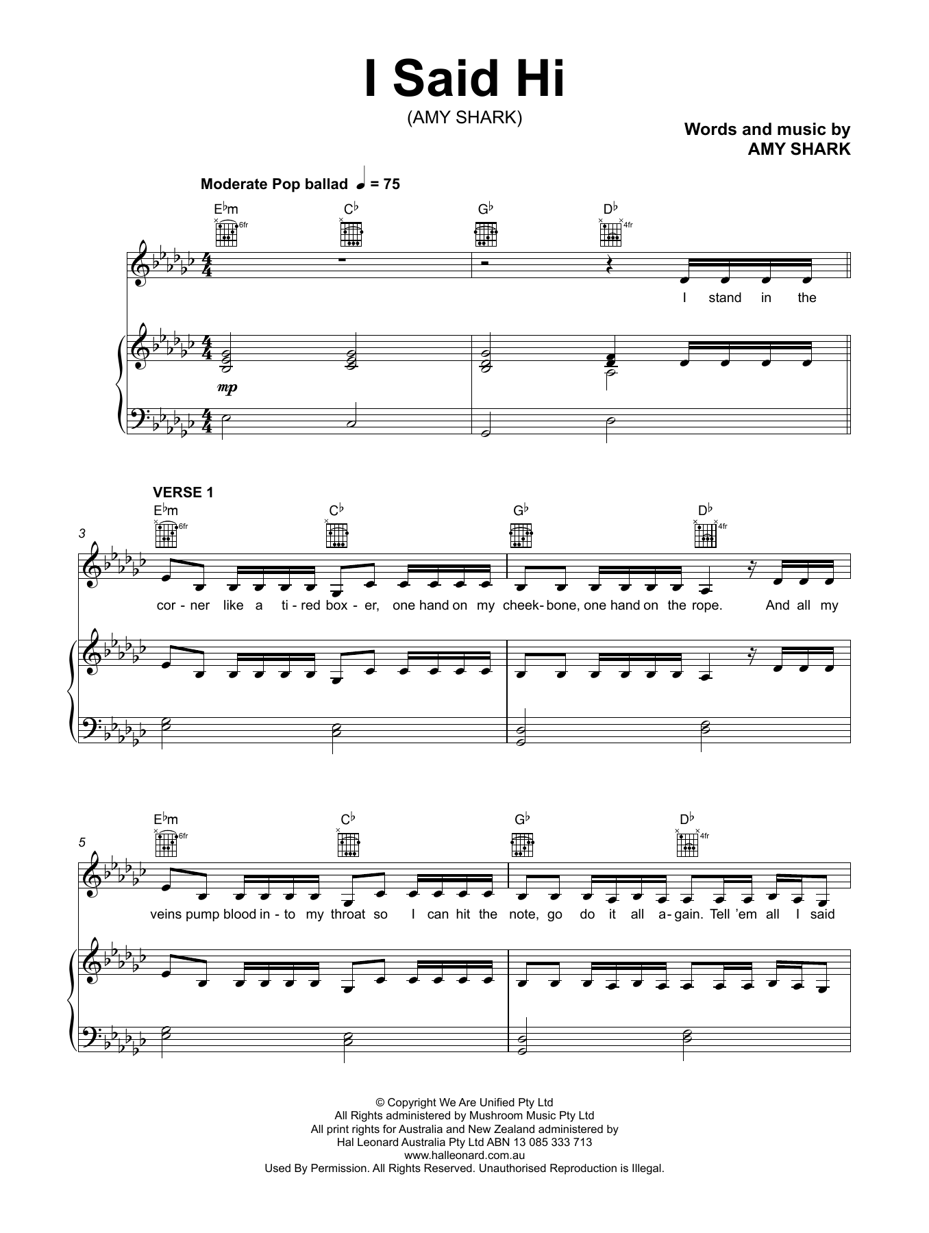 Download Amy Shark I Said Hi Sheet Music and learn how to play Piano, Vocal & Guitar (Right-Hand Melody) PDF digital score in minutes