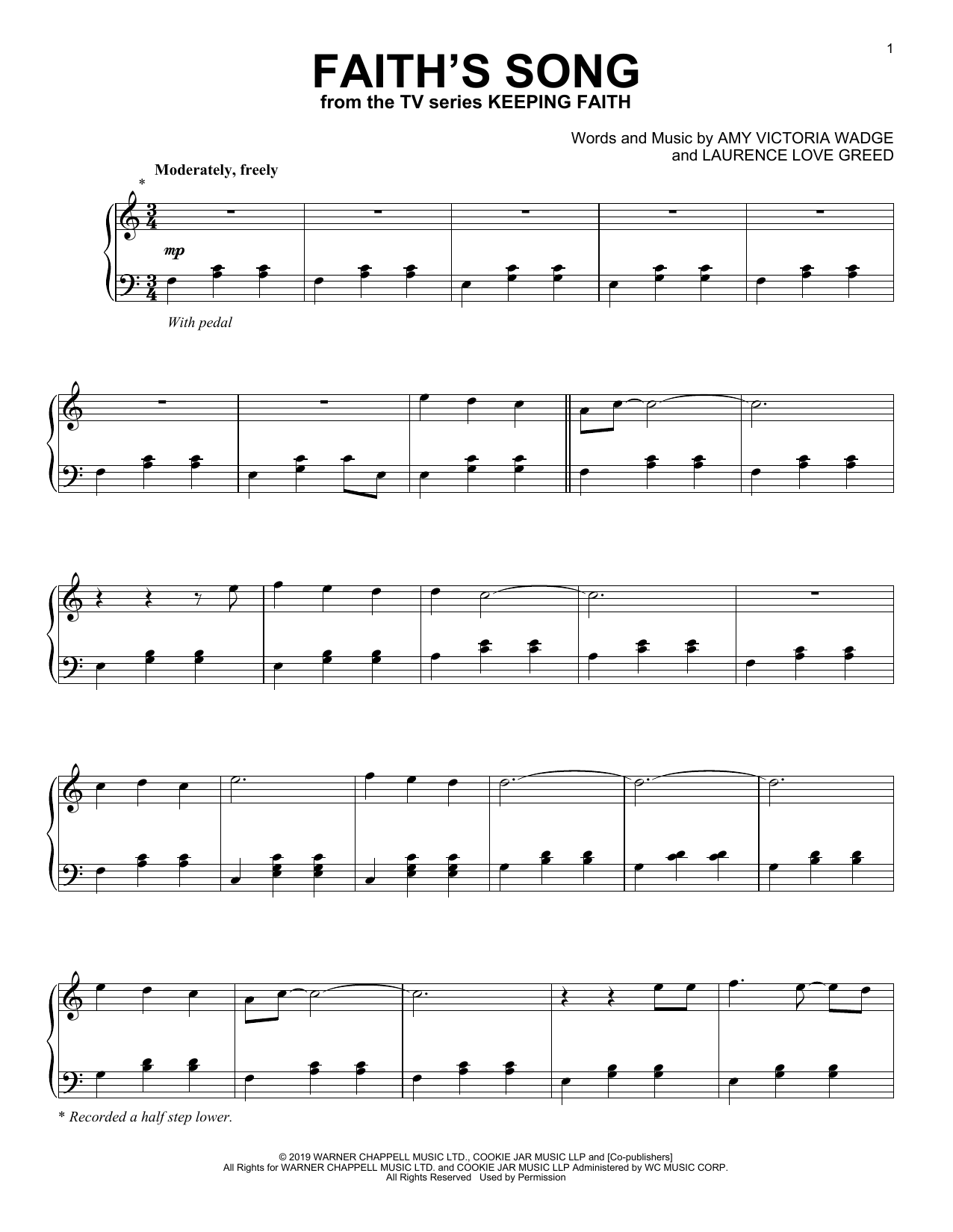 Download Amy Wadge Faith's Song (arr. Laurence Love Greed) (from the TV series Keeping Faith) Sheet Music and learn how to play Piano Solo PDF digital score in minutes