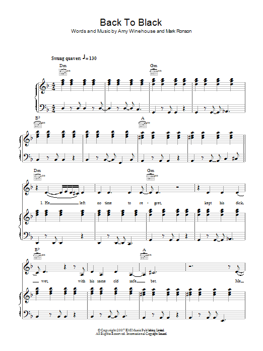 Download Amy Winehouse Back To Black Sheet Music and learn how to play Voice PDF digital score in minutes
