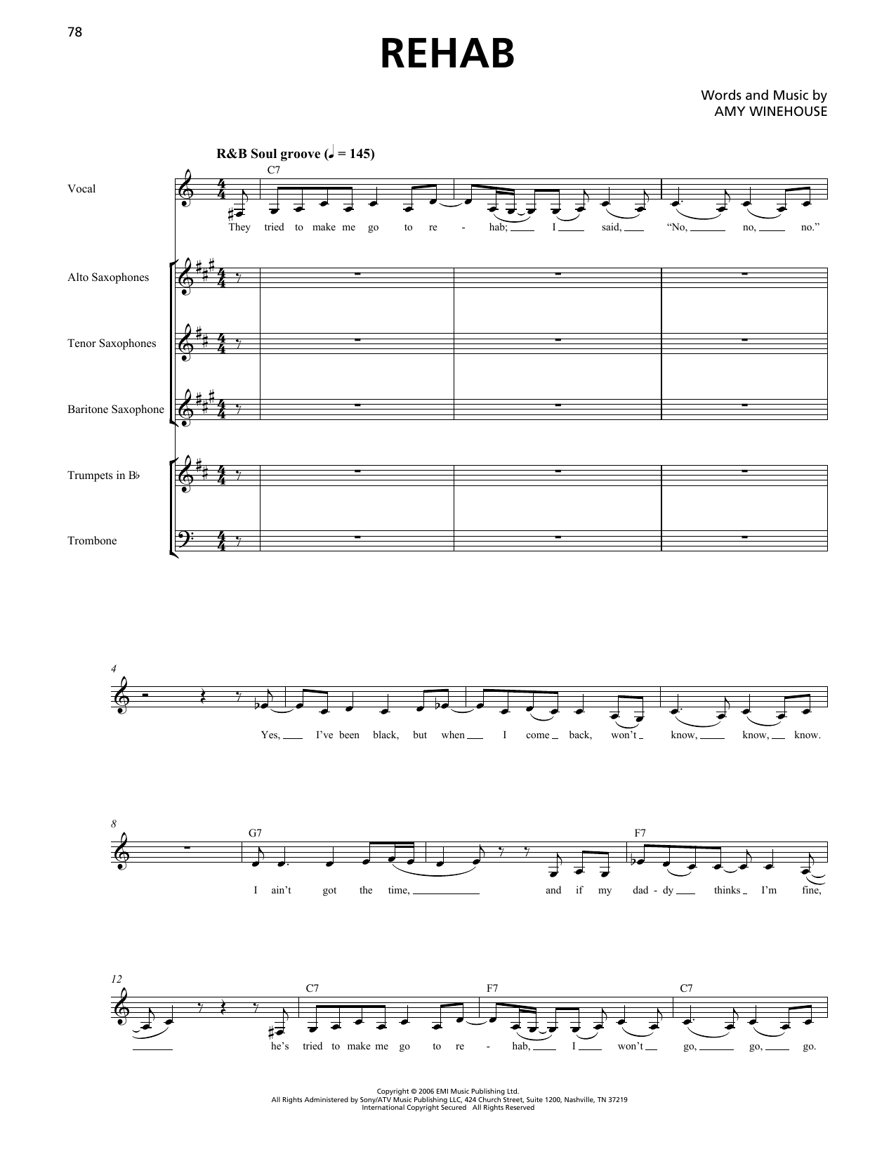 Download Amy Winehouse Rehab (Horn Section) Sheet Music and learn how to play Transcribed Score PDF digital score in minutes