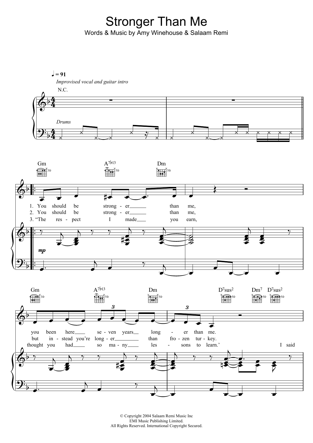Download Amy Winehouse Stronger Than Me Sheet Music and learn how to play Piano, Vocal & Guitar PDF digital score in minutes