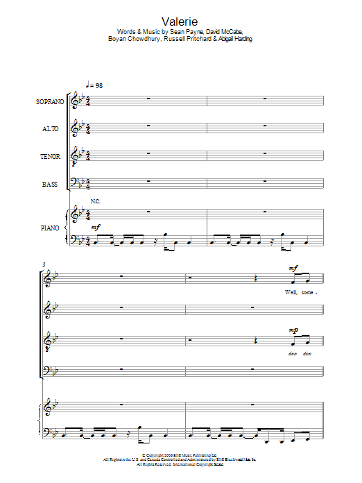 Download Amy Winehouse Valerie Sheet Music and learn how to play SATB PDF digital score in minutes