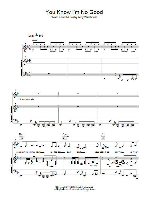 Download Amy Winehouse You Know I'm No Good Sheet Music and learn how to play Lyrics & Chords PDF digital score in minutes