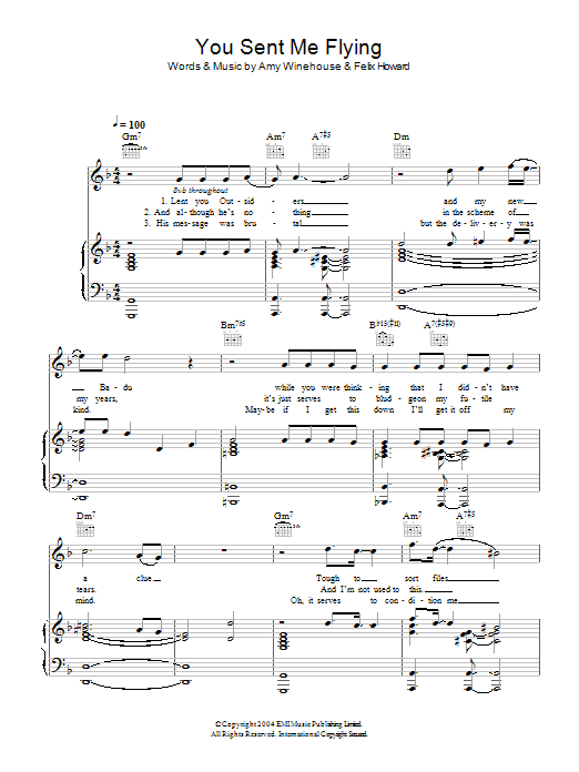 Download Amy Winehouse You Sent Me Flying Sheet Music and learn how to play Piano, Vocal & Guitar (Right-Hand Melody) PDF digital score in minutes