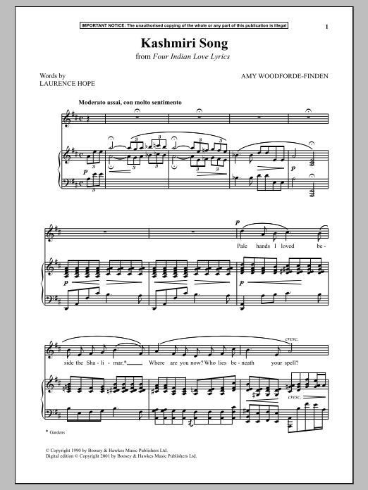Download Amy Woodforde-Finden Kashmiri Song from Four Indian Love Lyrics Sheet Music and learn how to play Piano & Vocal PDF digital score in minutes