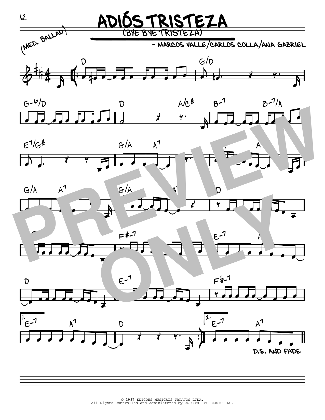 Download Ana Gabriel Adios Tristeza (Bye Bye Tristeza) Sheet Music and learn how to play Real Book – Melody & Chords PDF digital score in minutes