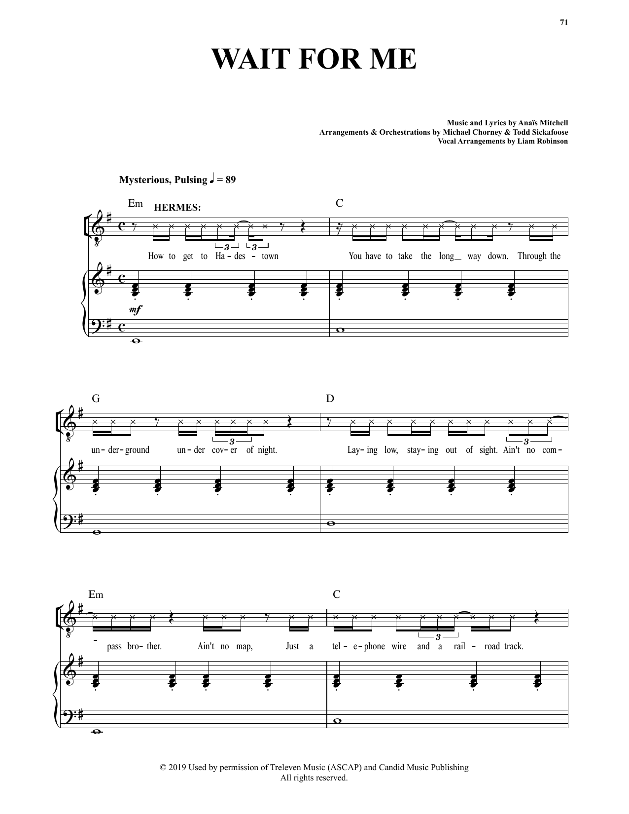 Download Anais Mitchell Wait For Me (from Hadestown) Sheet Music and learn how to play Piano & Vocal PDF digital score in minutes
