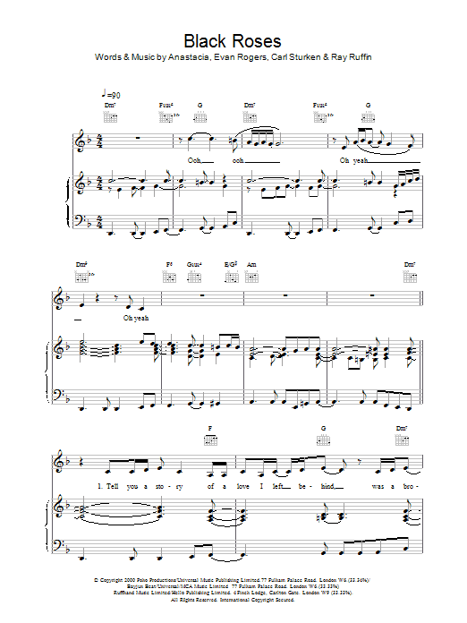 Download Anastacia Black Roses Sheet Music and learn how to play Piano, Vocal & Guitar (Right-Hand Melody) PDF digital score in minutes