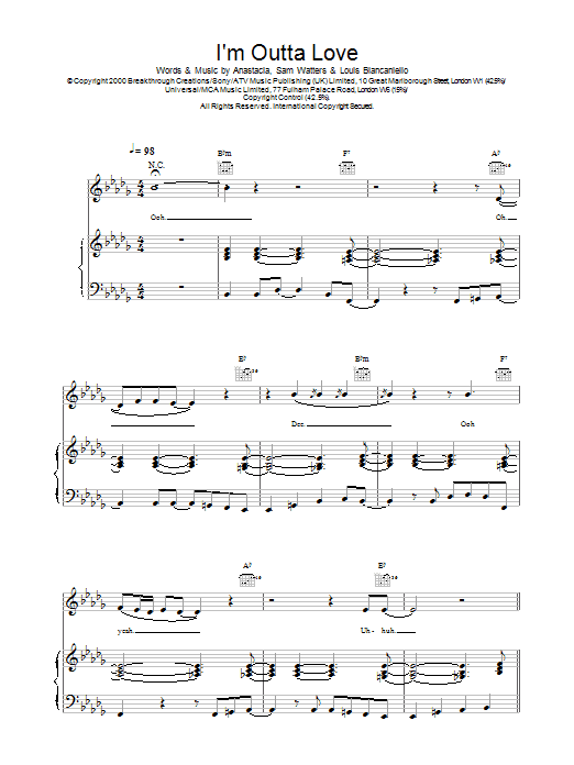 Download Anastacia I'm Outta Love Sheet Music and learn how to play Piano, Vocal & Guitar PDF digital score in minutes