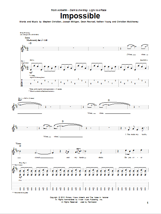 Download Anberlin Impossible Sheet Music and learn how to play Guitar Tab PDF digital score in minutes