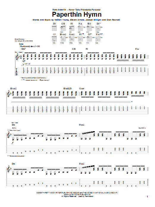 Download Anberlin Paperthin Hymn Sheet Music and learn how to play Guitar Tab PDF digital score in minutes