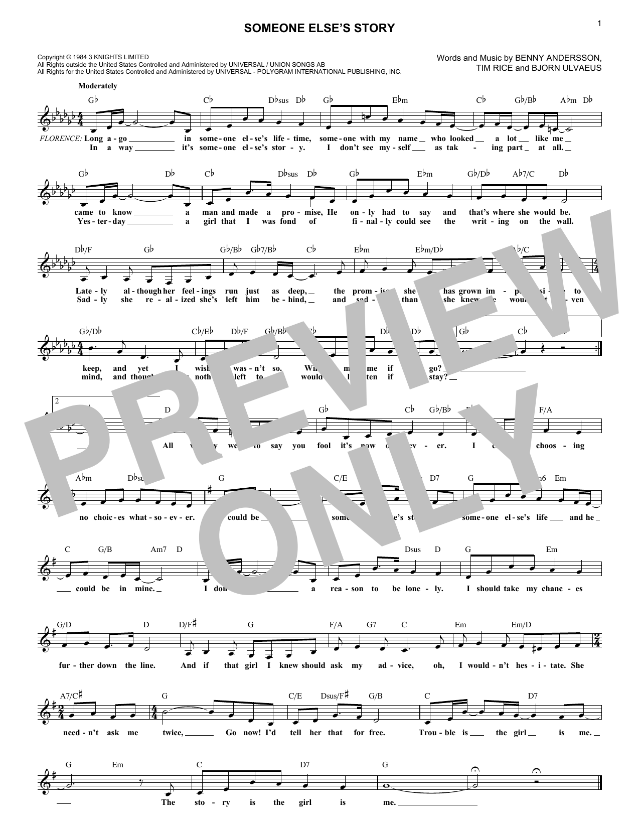 Download Andersson and Ulvaeus Someone Else's Story (from Chess) Sheet Music and learn how to play Lead Sheet / Fake Book PDF digital score in minutes
