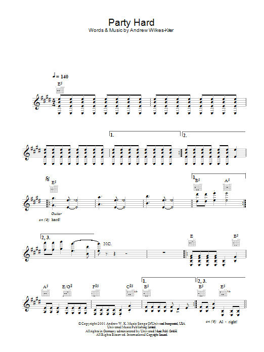 Download Andrew W.K. Party Hard Sheet Music and learn how to play Melody Line, Lyrics & Chords PDF digital score in minutes