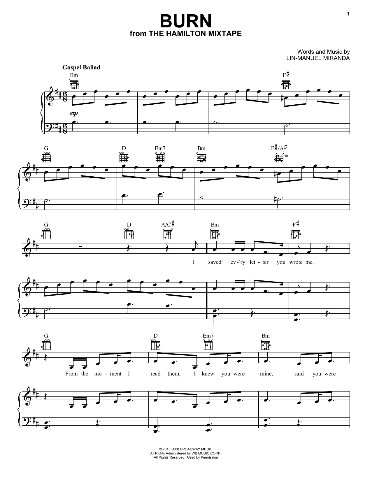 Download Lin-Manuel Miranda Burn Sheet Music and learn how to play Piano, Vocal & Guitar (Right-Hand Melody) PDF digital score in minutes