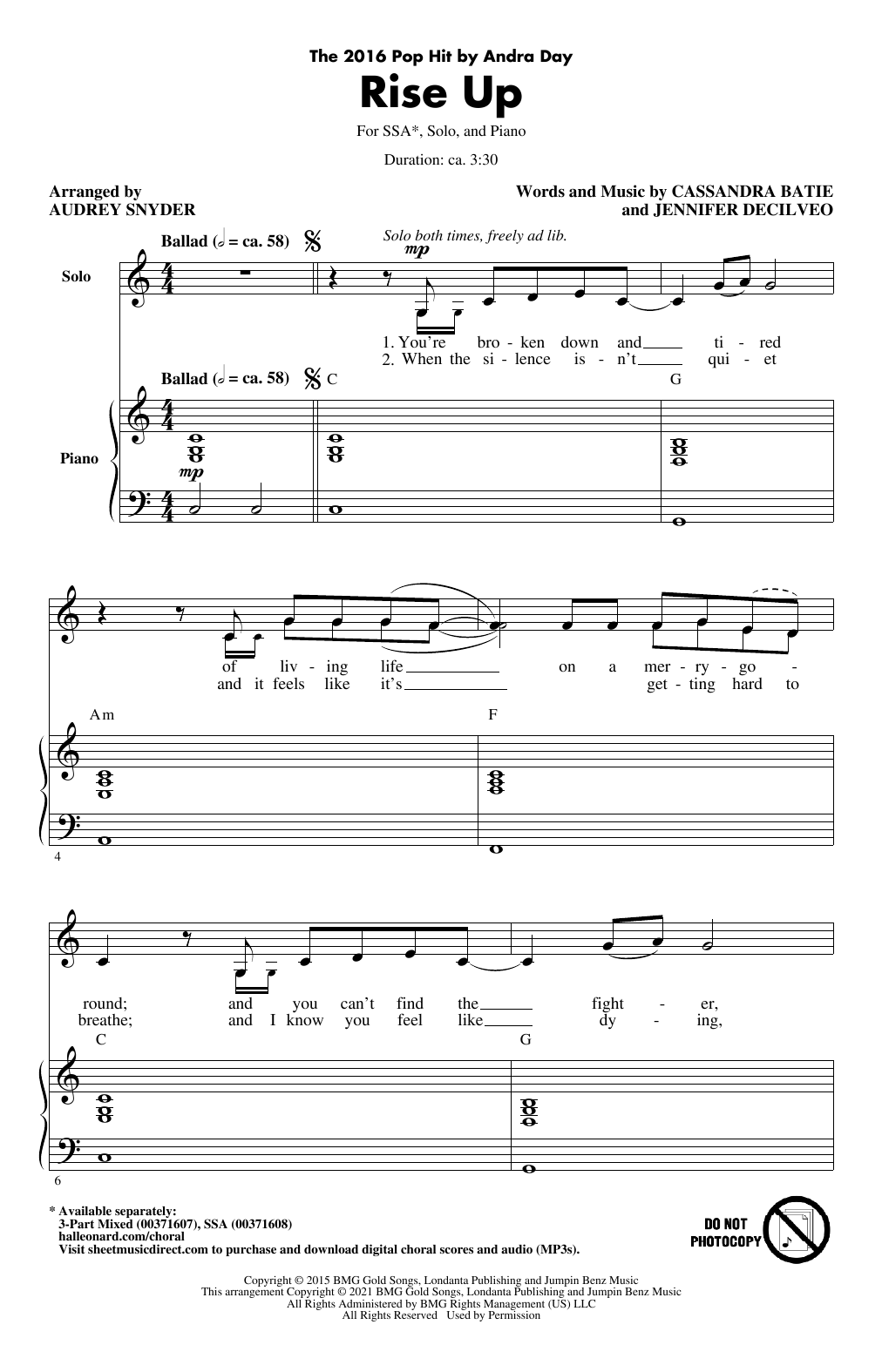 Download Andra Day Rise Up (arr. Audrey Snyder) Sheet Music and learn how to play SSA Choir PDF digital score in minutes