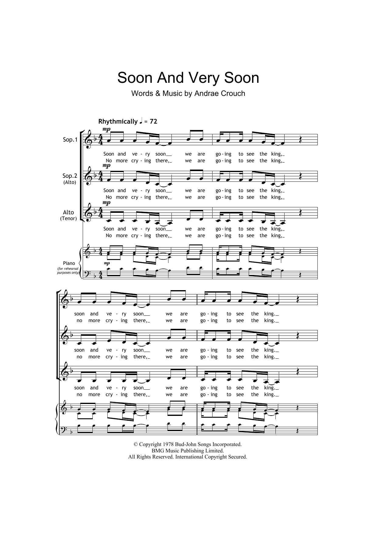 Download Andrae Crouch Soon And Very Soon Sheet Music and learn how to play SSA PDF digital score in minutes