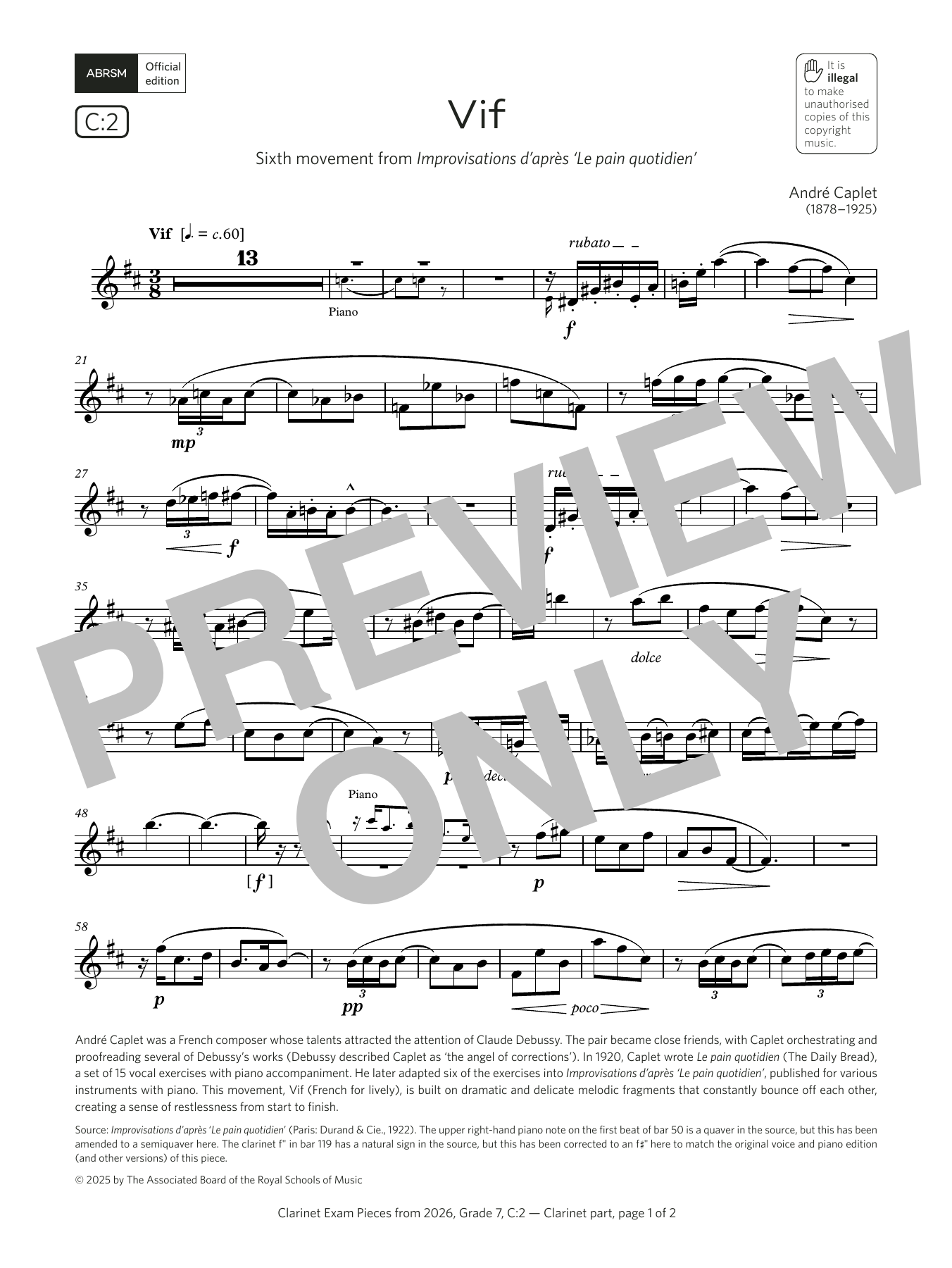 Download André Caplet Vif (Grade 7, list C2, from the ABRSM Clarinet Syllabus from 2026) Sheet Music and learn how to play Clarinet Solo PDF digital score in minutes