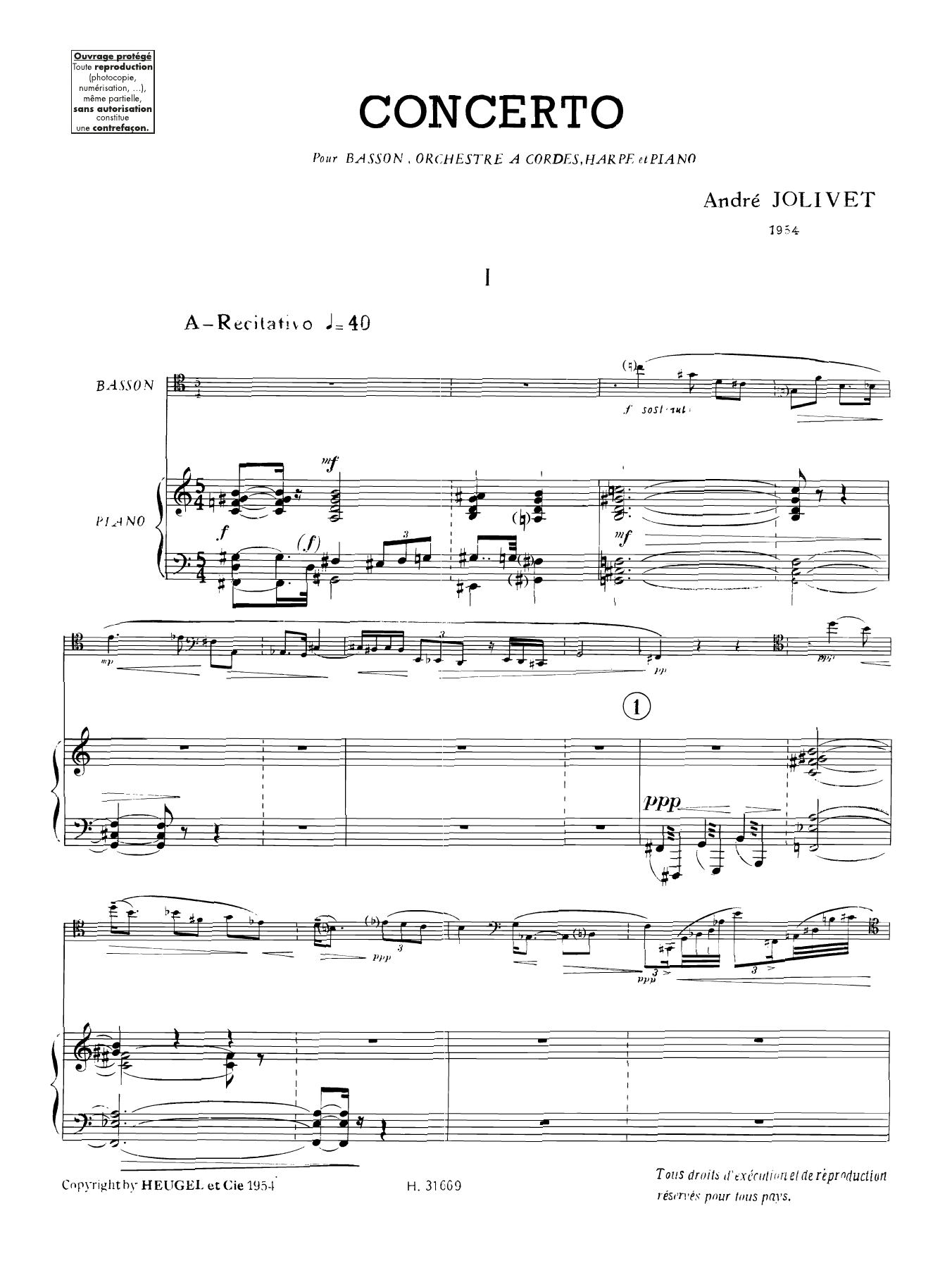 Download André Jolivet Concerto for Bassoon, transcription for Bass Clarinet Sheet Music and learn how to play Piano Solo PDF digital score in minutes