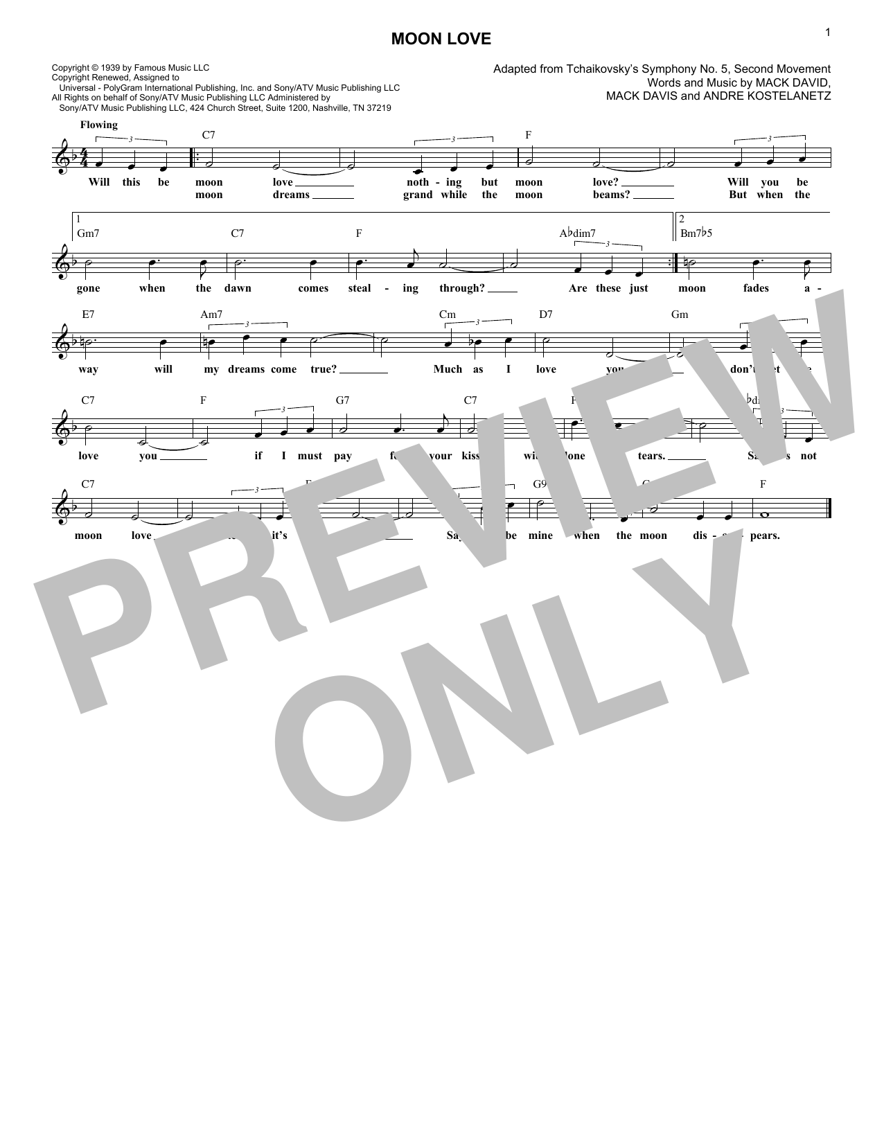 Download Andre Kostelanetz Moon Love Sheet Music and learn how to play Lead Sheet / Fake Book PDF digital score in minutes
